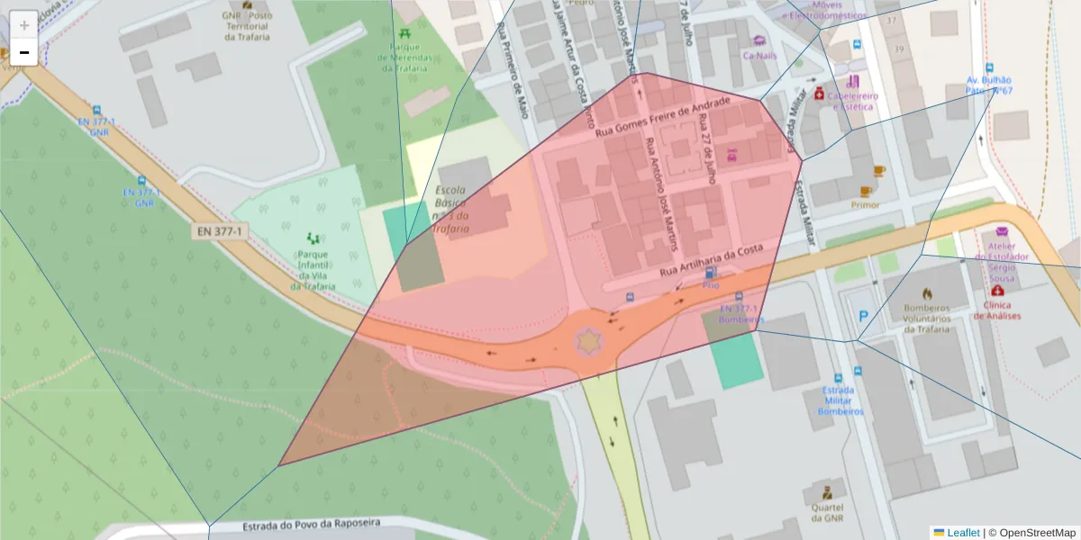 Mapa detalhado do código postal 2825-895 com limites, códigos postais vizinhos e agências dos correios
