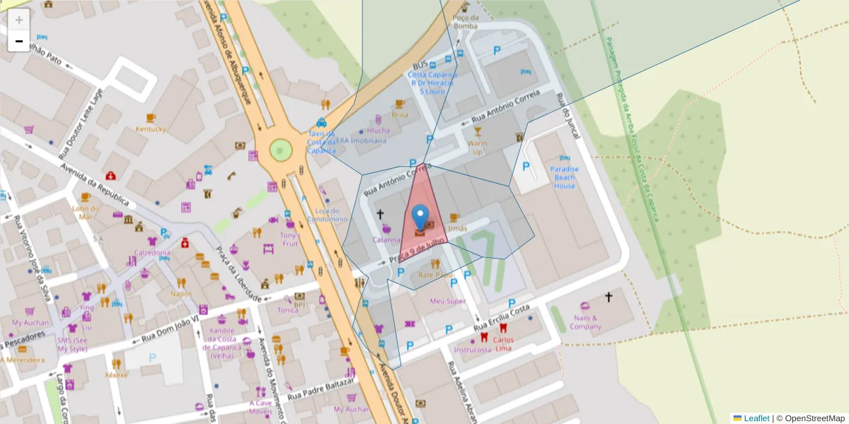 Mapa detalhado do código postal 2825-999 com limites, códigos postais vizinhos e agências dos correios