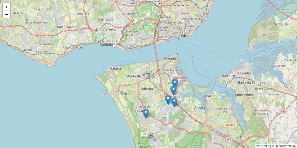 Mapa detalhado do código postal 2825 com limites, códigos postais vizinhos e agências dos correios