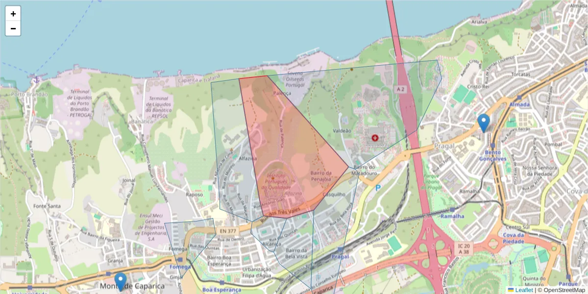 Mapa detalhado do código postal 2829-513 com limites, códigos postais vizinhos e agências dos correios