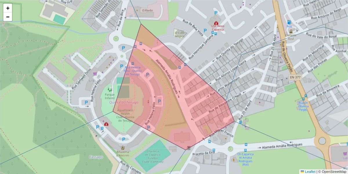 Mapa detalhado do código postal 2829-596 com limites, códigos postais vizinhos e agências dos correios