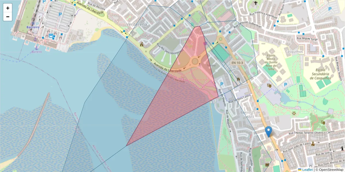 Mapa detalhado do código postal 2830-000 com limites, códigos postais vizinhos e agências dos correios
