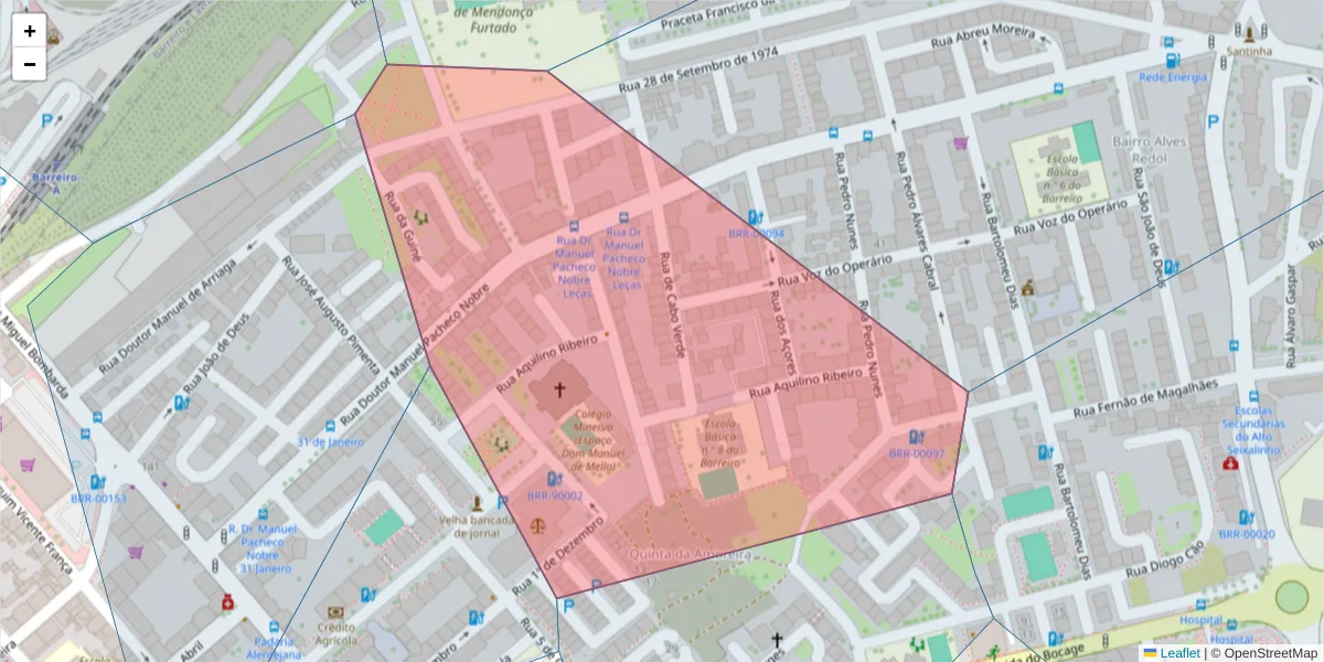 Mapa detalhado do código postal 2830-060 com limites, códigos postais vizinhos e agências dos correios