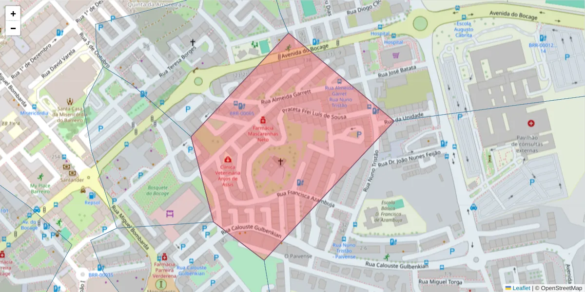 Mapa detalhado do código postal 2830-077 com limites, códigos postais vizinhos e agências dos correios