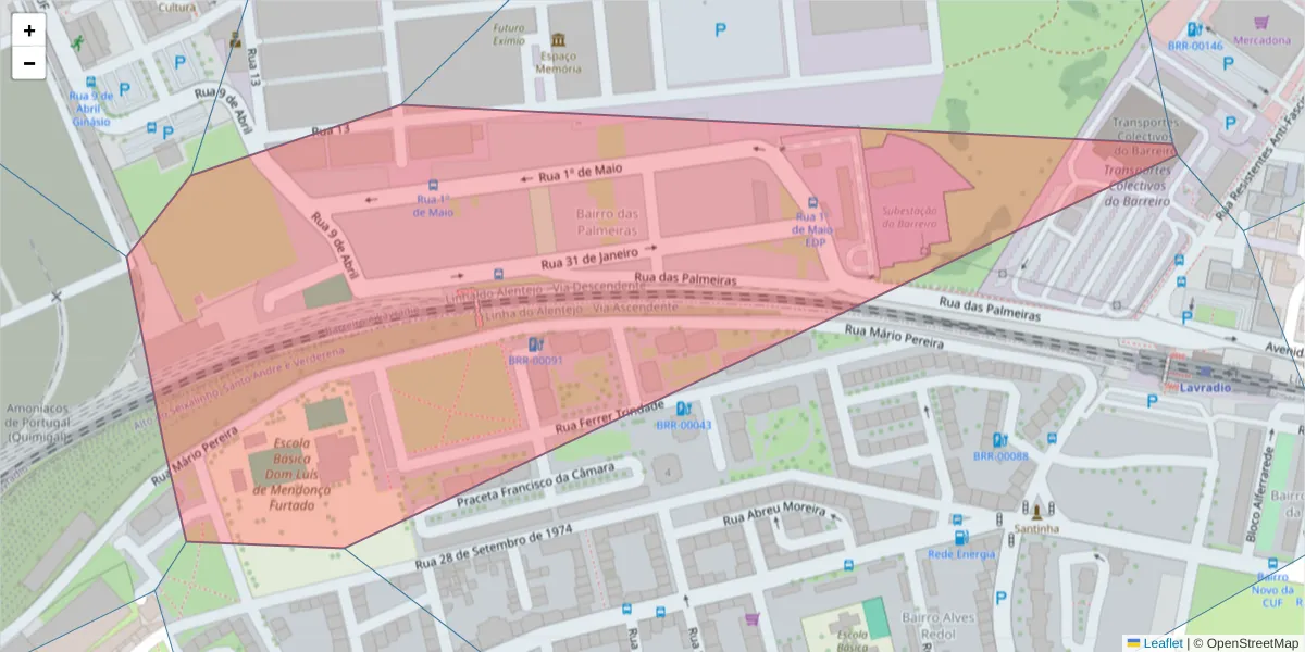 Mapa detalhado do código postal 2830-131 com limites, códigos postais vizinhos e agências dos correios