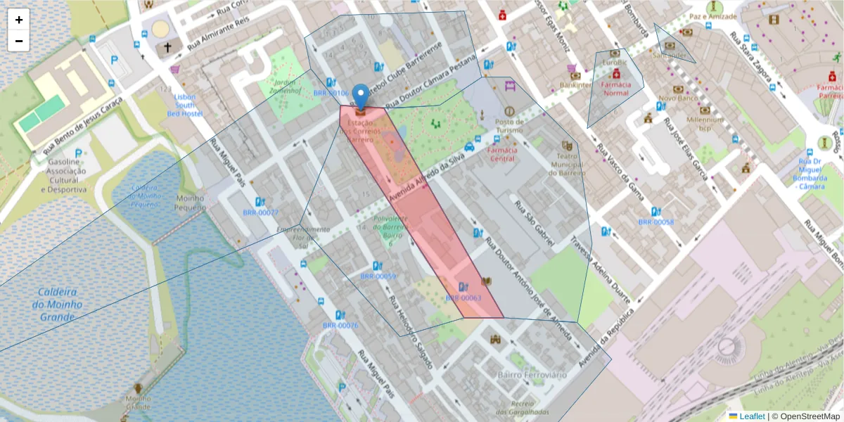 Mapa detalhado do código postal 2830-138 com limites, códigos postais vizinhos e agências dos correios