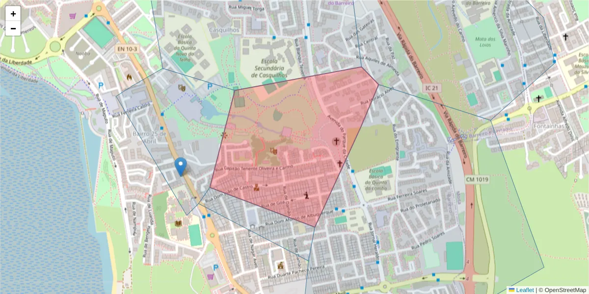 Mapa detalhado do código postal 2830-186 com limites, códigos postais vizinhos e agências dos correios