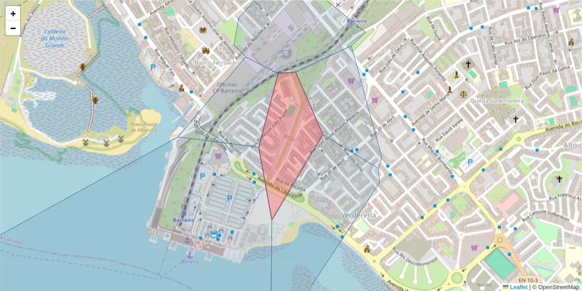 Mapa detalhado do código postal 2830-273 com limites, códigos postais vizinhos e agências dos correios
