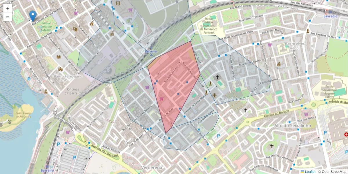 Mapa detalhado do código postal 2830-288 com limites, códigos postais vizinhos e agências dos correios