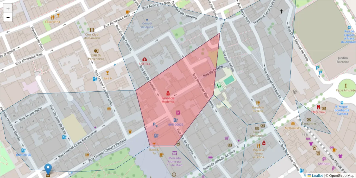 Mapa detalhado do código postal 2830-339 com limites, códigos postais vizinhos e agências dos correios