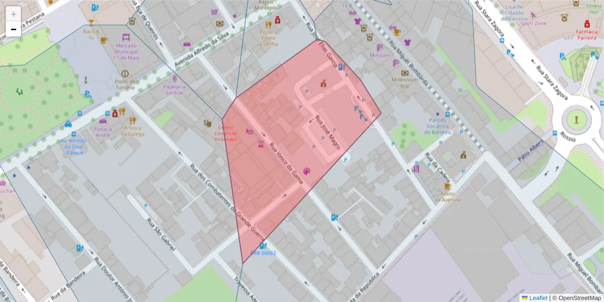 Mapa detalhado do código postal 2830-349 com limites, códigos postais vizinhos e agências dos correios