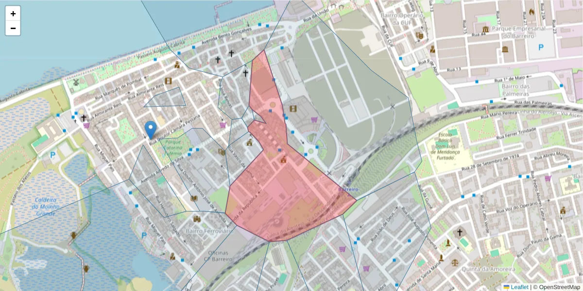 Mapa detalhado do código postal 2830-355 com limites, códigos postais vizinhos e agências dos correios