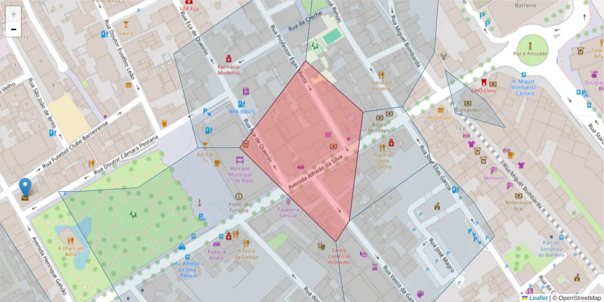 Mapa detalhado do código postal 2830-357 com limites, códigos postais vizinhos e agências dos correios