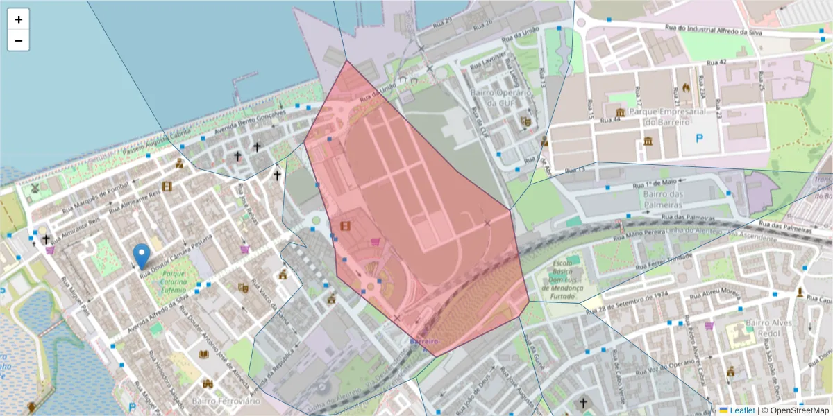Mapa detalhado do código postal 2830-364 com limites, códigos postais vizinhos e agências dos correios