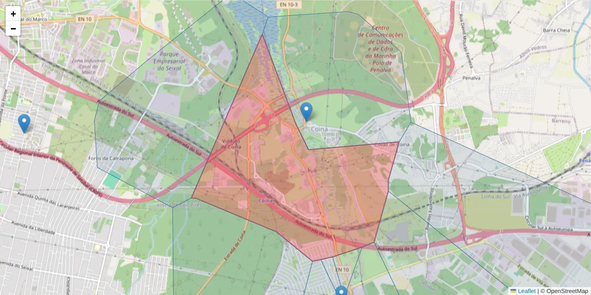 Mapa detalhado do código postal 2830-411 com limites, códigos postais vizinhos e agências dos correios