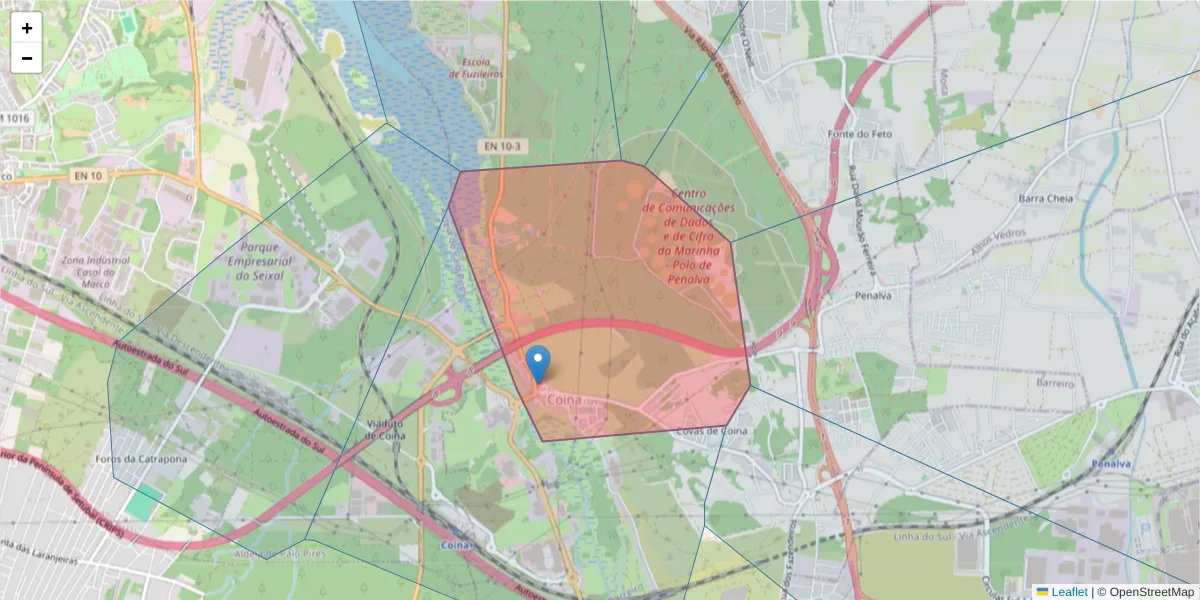 Mapa detalhado do código postal 2830-416 com limites, códigos postais vizinhos e agências dos correios