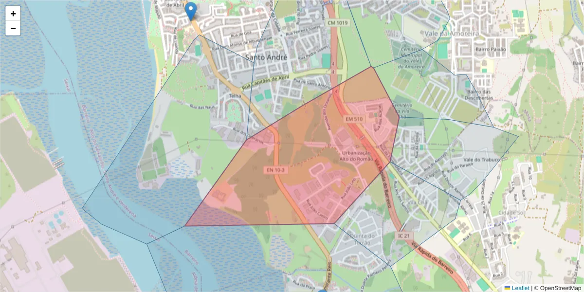 Mapa detalhado do código postal 2830-528 com limites, códigos postais vizinhos e agências dos correios