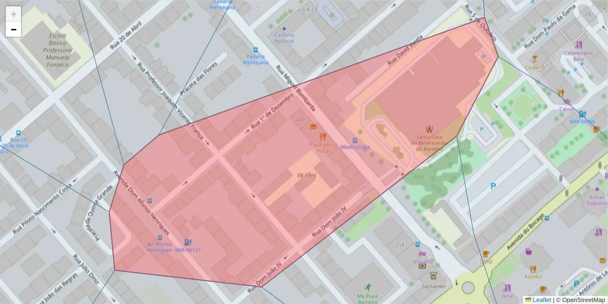Mapa detalhado do código postal 2830-570 com limites, códigos postais vizinhos e agências dos correios
