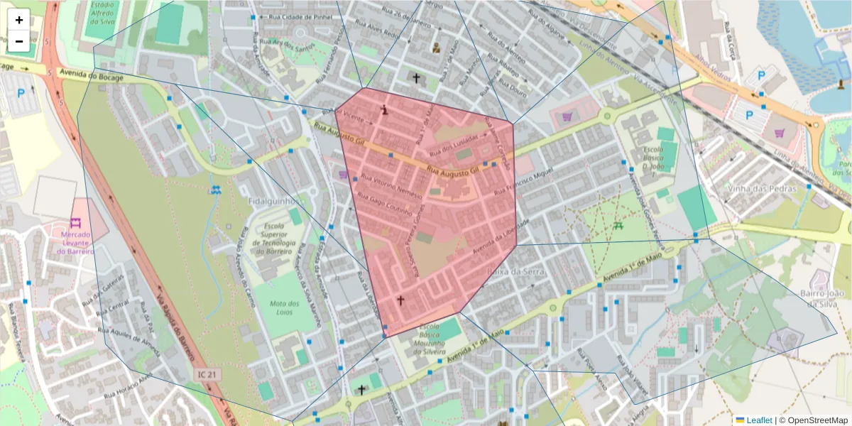 Mapa detalhado do código postal 2835-016 com limites, códigos postais vizinhos e agências dos correios