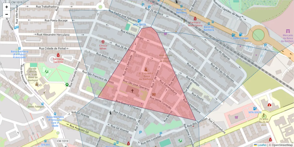Mapa detalhado do código postal 2835-025 com limites, códigos postais vizinhos e agências dos correios
