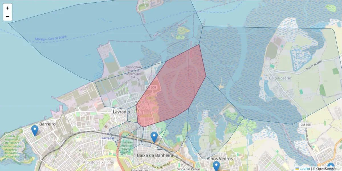 Mapa detalhado do código postal 2835-089 com limites, códigos postais vizinhos e agências dos correios