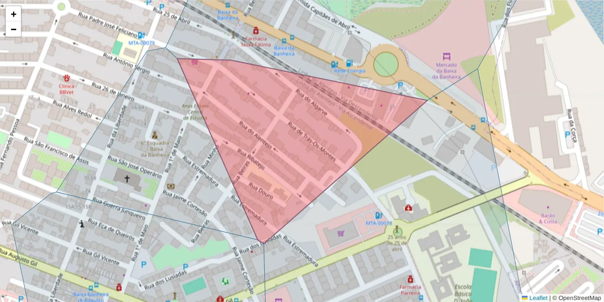 Mapa detalhado do código postal 2835-099 com limites, códigos postais vizinhos e agências dos correios