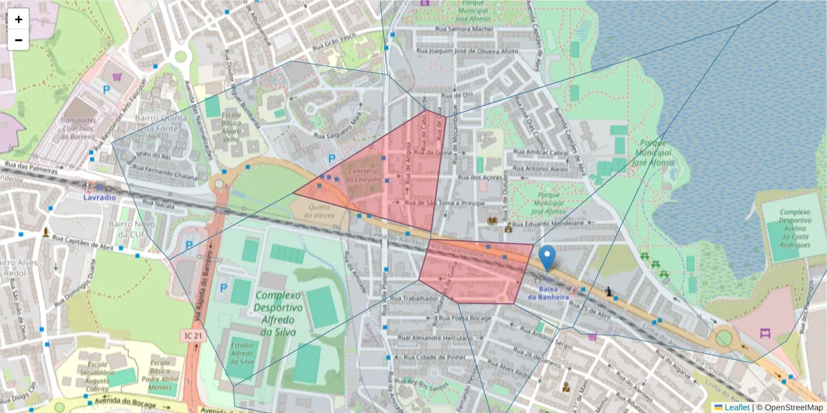 Mapa detalhado do código postal 2835-172 com limites, códigos postais vizinhos e agências dos correios