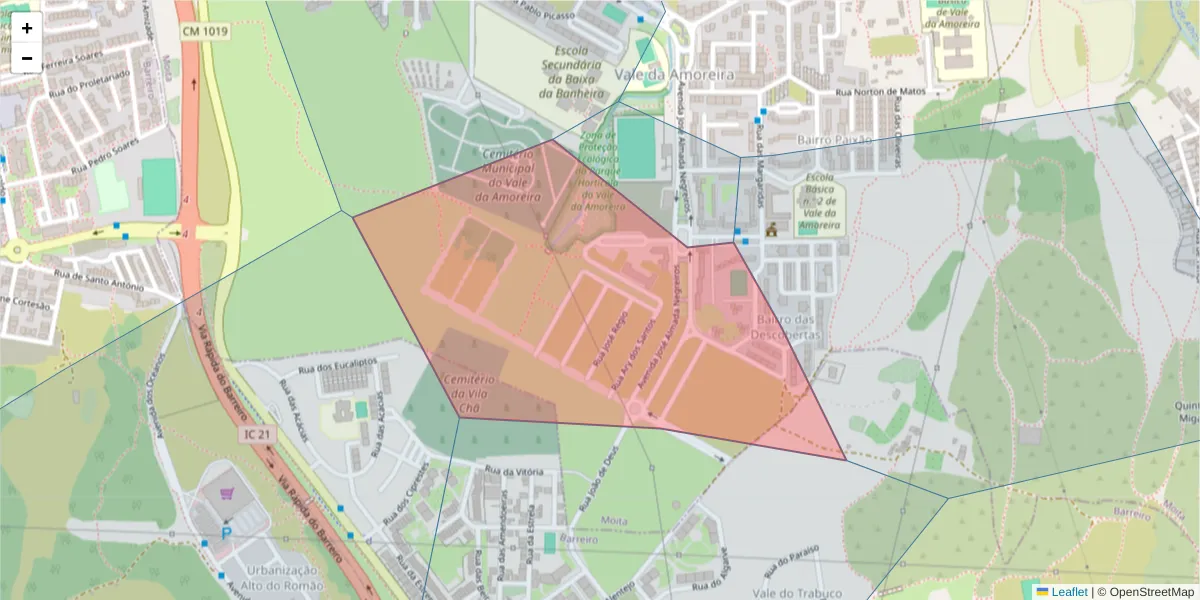 Mapa detalhado do código postal 2835-198 com limites, códigos postais vizinhos e agências dos correios