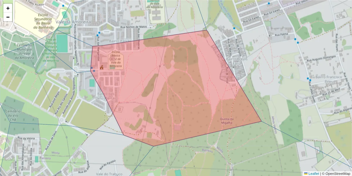 Mapa detalhado do código postal 2835-205 com limites, códigos postais vizinhos e agências dos correios