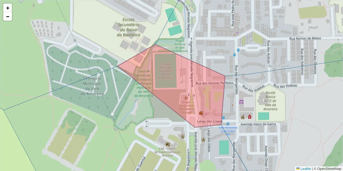 Mapa detalhado do código postal 2835-230 com limites, códigos postais vizinhos e agências dos correios