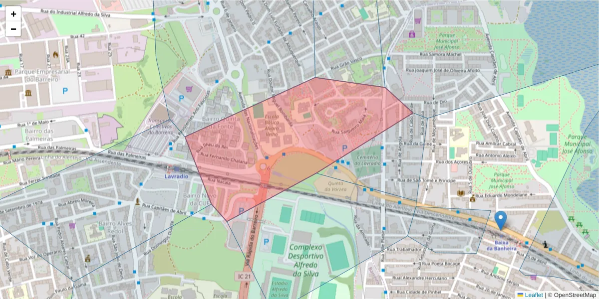 Mapa detalhado do código postal 2835-346 com limites, códigos postais vizinhos e agências dos correios