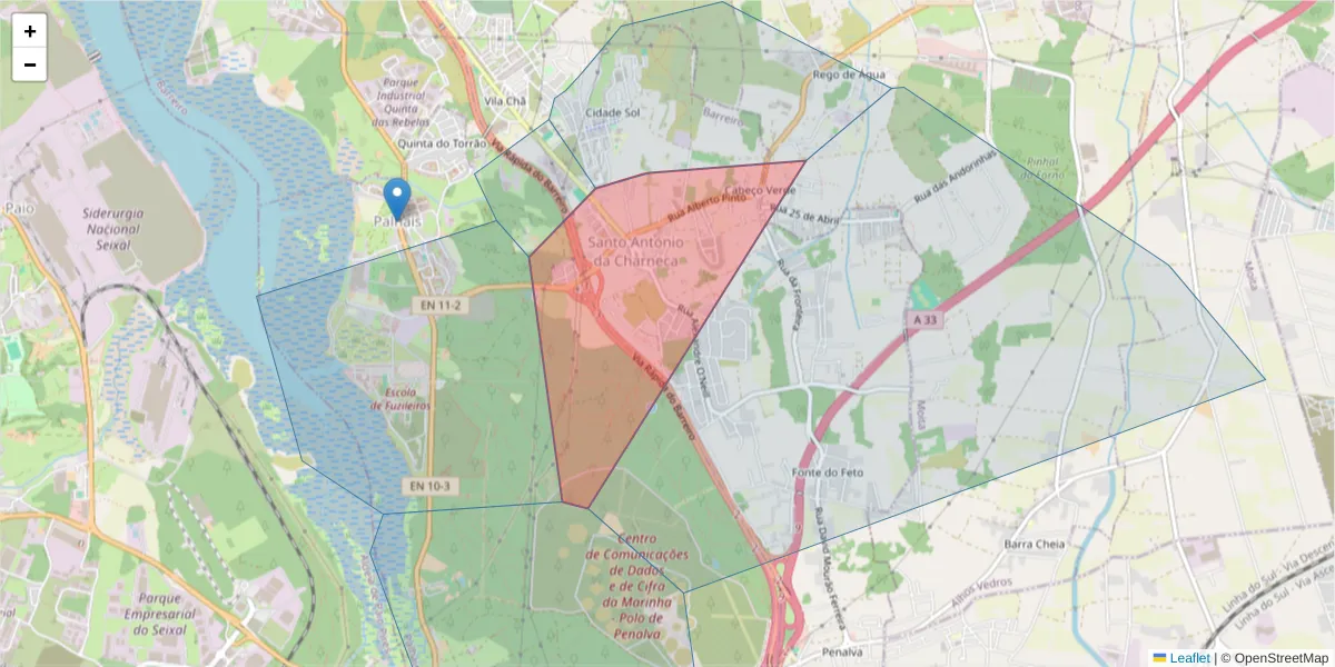 Mapa detalhado do código postal 2835-702 com limites, códigos postais vizinhos e agências dos correios