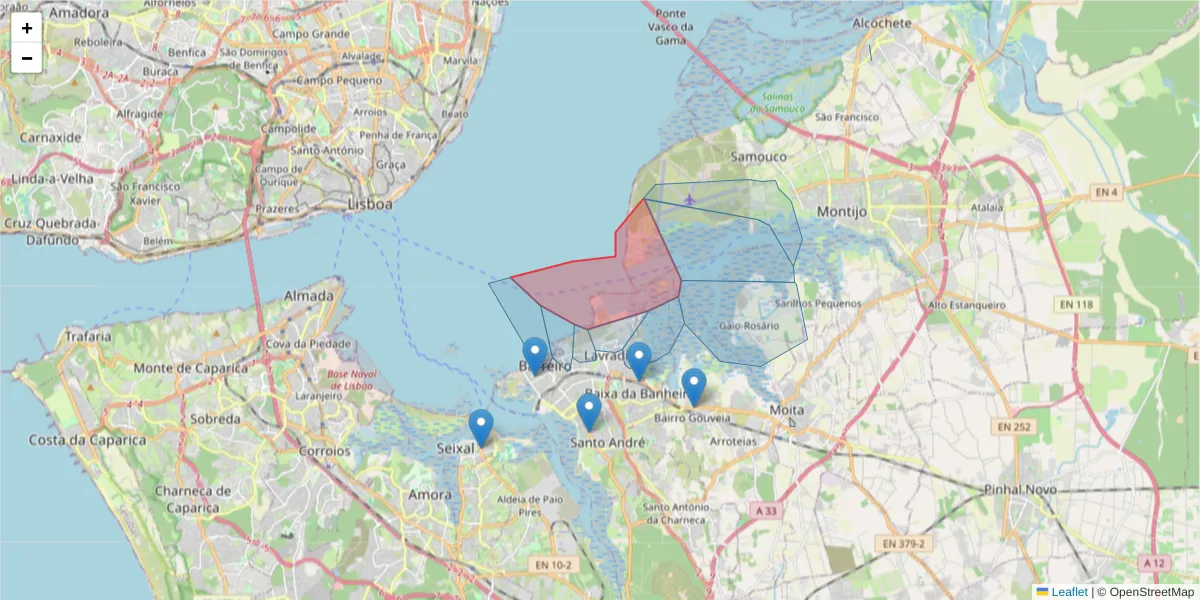Mapa detalhado do código postal 2836-908 com limites, códigos postais vizinhos e agências dos correios