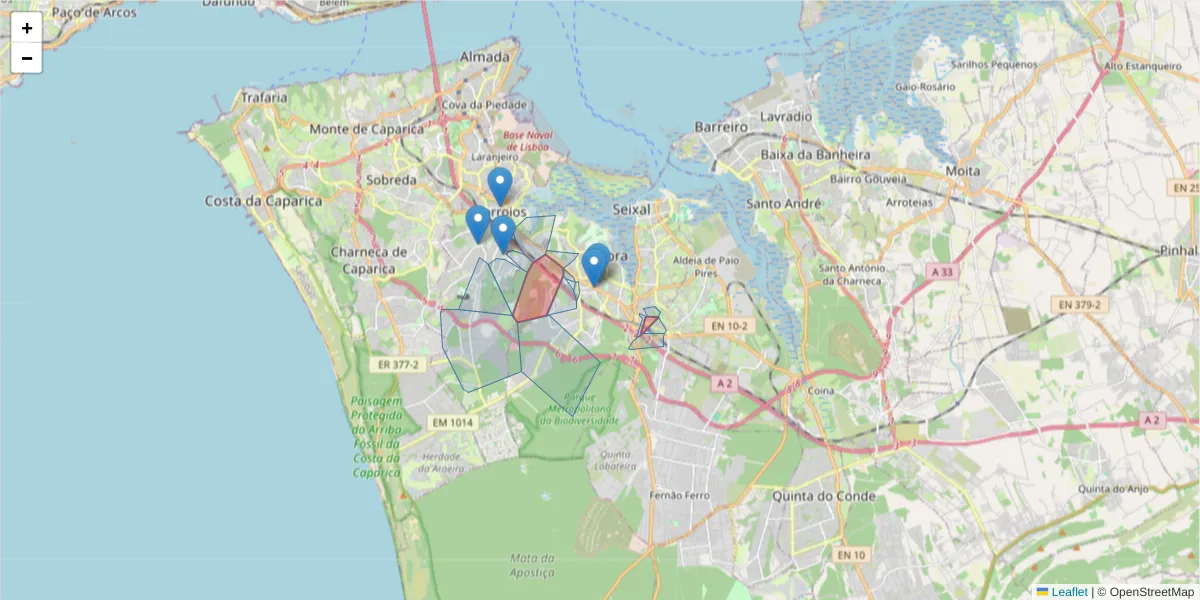 Mapa detalhado do código postal 2840-000 com limites, códigos postais vizinhos e agências dos correios