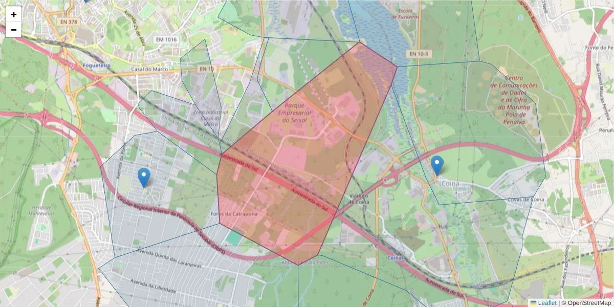 Mapa detalhado do código postal 2840-068 com limites, códigos postais vizinhos e agências dos correios