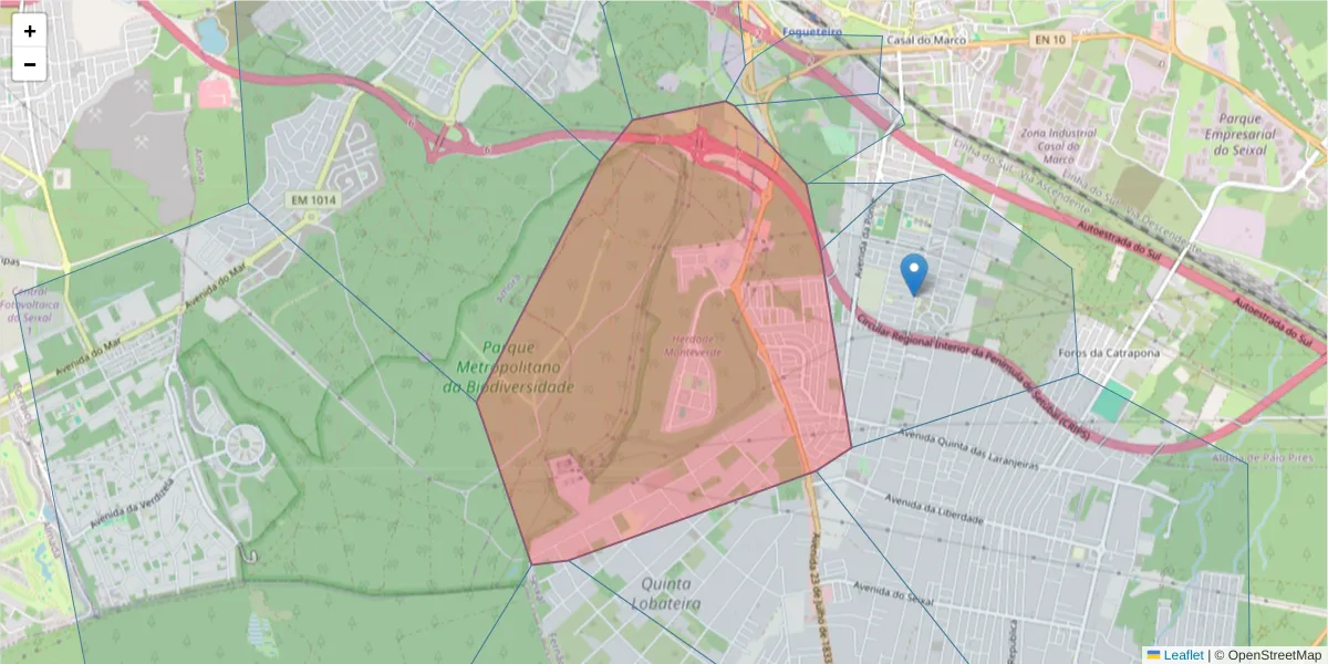Mapa detalhado do código postal 2840-263 com limites, códigos postais vizinhos e agências dos correios