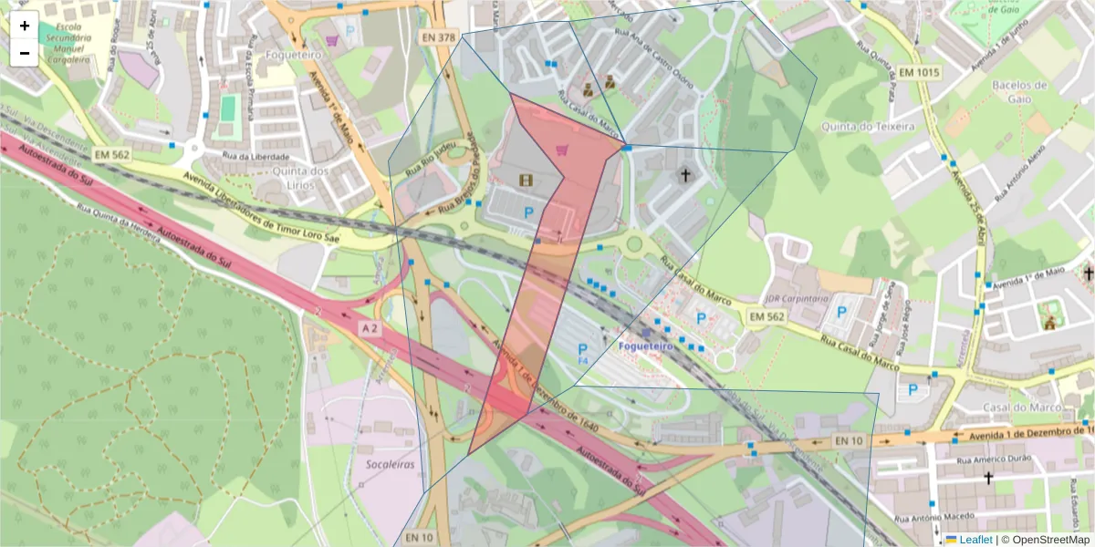 Mapa detalhado do código postal 2840-293 com limites, códigos postais vizinhos e agências dos correios