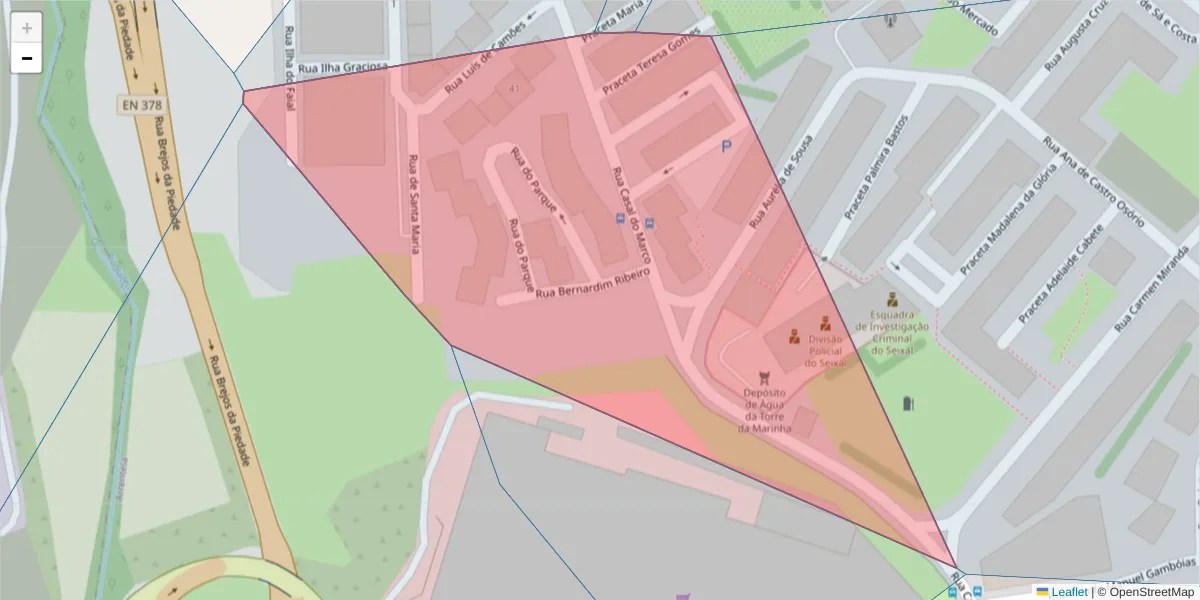 Mapa detalhado do código postal 2840-422 com limites, códigos postais vizinhos e agências dos correios