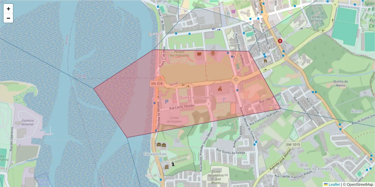 Mapa detalhado do código postal 2840-470 com limites, códigos postais vizinhos e agências dos correios