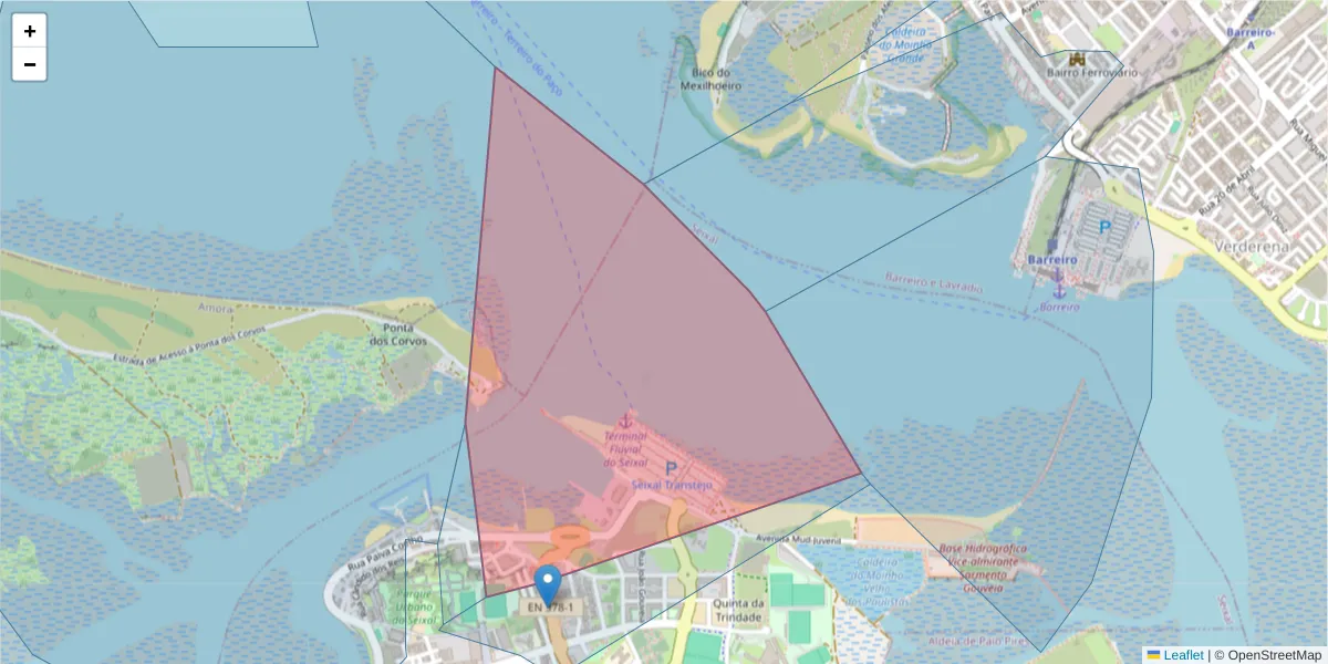 Mapa detalhado do código postal 2840-482 com limites, códigos postais vizinhos e agências dos correios