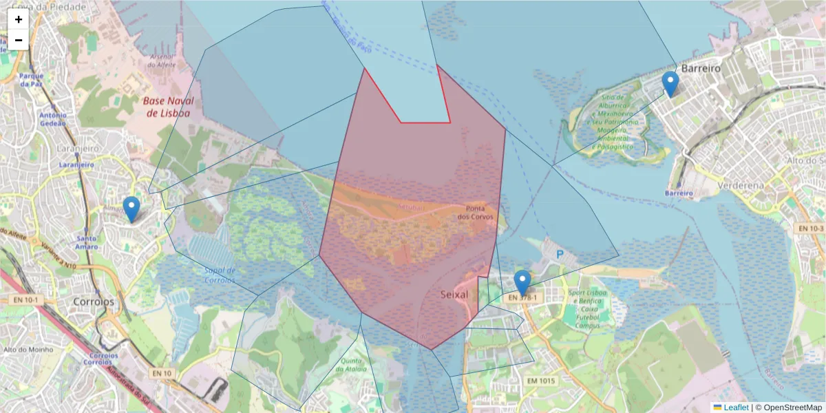Mapa detalhado do código postal 2840-520 com limites, códigos postais vizinhos e agências dos correios