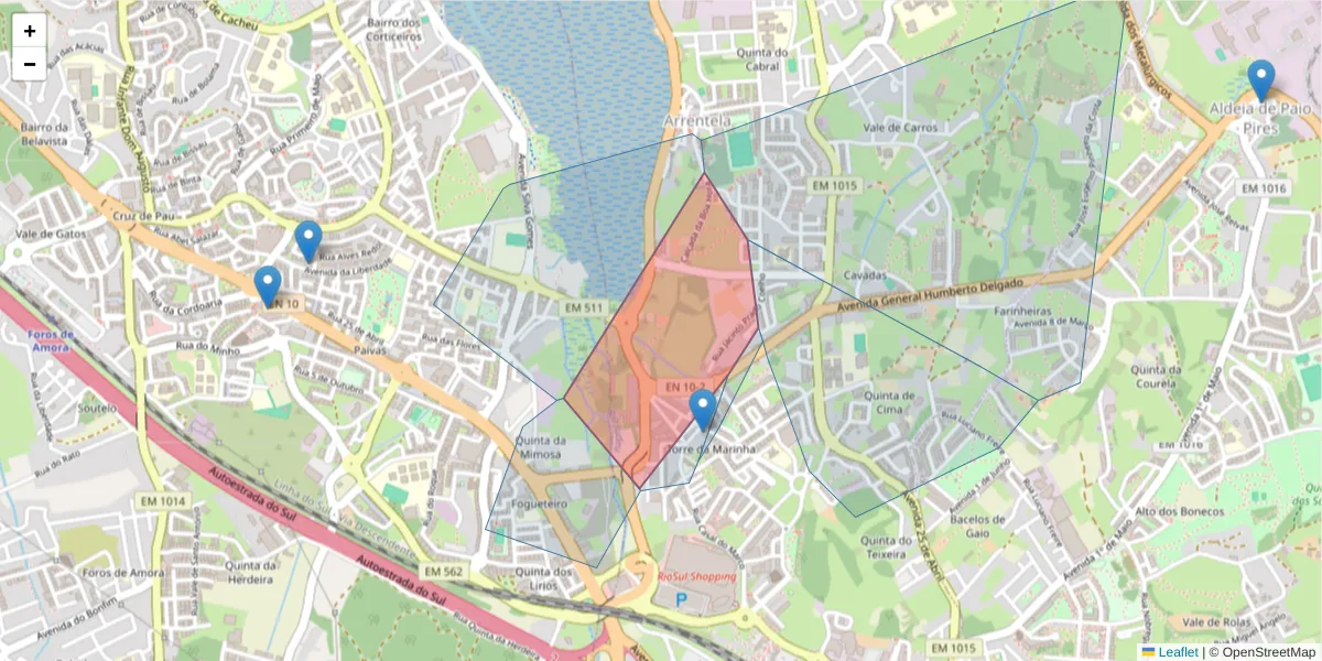 Mapa detalhado do código postal 2840-558 com limites, códigos postais vizinhos e agências dos correios