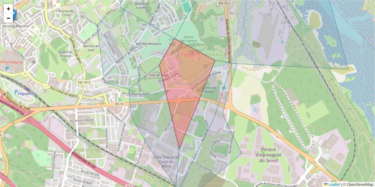 Mapa detalhado do código postal 2840-579 com limites, códigos postais vizinhos e agências dos correios