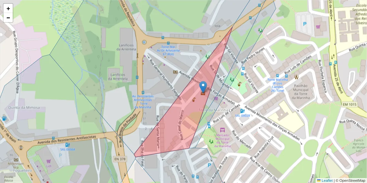 Mapa detalhado do código postal 2840-998 com limites, códigos postais vizinhos e agências dos correios