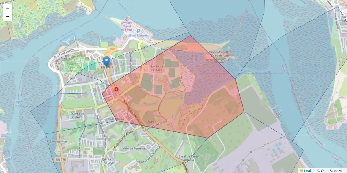 Mapa detalhado do código postal 2840 SEIXAL com limites, códigos postais vizinhos e agências dos correios