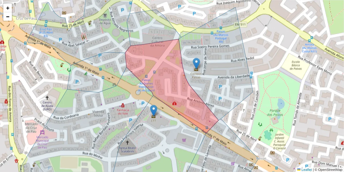 Mapa detalhado do código postal 28445-351 com limites, códigos postais vizinhos e agências dos correios