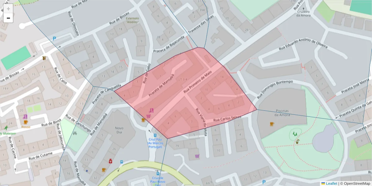 Mapa detalhado do código postal 2845-020 com limites, códigos postais vizinhos e agências dos correios