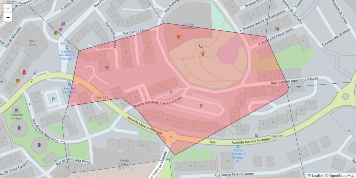 Mapa detalhado do código postal 2845-029 com limites, códigos postais vizinhos e agências dos correios