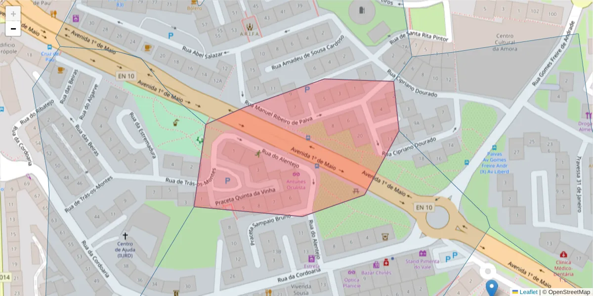 Mapa detalhado do código postal 2845-034 com limites, códigos postais vizinhos e agências dos correios