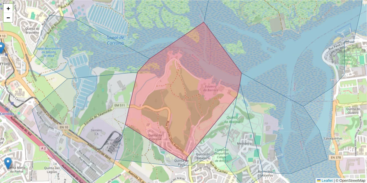 Mapa detalhado do código postal 2845-052 com limites, códigos postais vizinhos e agências dos correios